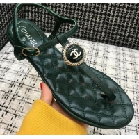 Lower Price Chanel Lambskin Flat Thong Sandals with Button Charm 408104 Dark Green