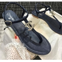 Durable Chanel Lambskin Flat Thong Sandals with Metal CC 408104 Dark Blue 2021