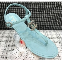 Charming Chanel Lambskin Flat Thong Sandals with Metal CC 408104 Light Blue 2021