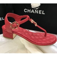 Popular Style Chanel Calfskin Heel Thong Sandals with Chain Charm 408114 Red 2021