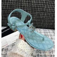 Best Quality Chanel Calfskin Heel Thong Sandals with Chain Charm 408114 Blue 2021