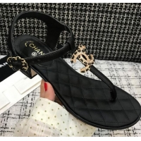 Cute Chanel Calfskin Heel Thong Sandals with Chain Charm 408114 Black 2021