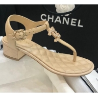 Good Quality Chanel Calfskin Heel Thong Sandals with Chain Charm 408114 Beige 2021