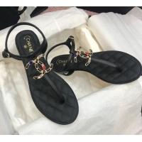 Low Price Chanel Lambskin Flat Thong Sandals with Stone CC 408118 Black 2021