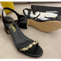 Duplicate Chanel Goatskin Leaf Charm Sandals G37336 Black 2021