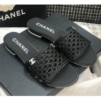 Duplicate Chanel Shiny Braided Goatskin Flat Slide Sandals G37405 Black 2021