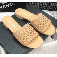 Top Quality Chanel Shiny Braided Goatskin Flat Slide Sandals G37405 Beige 2021