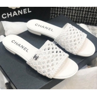 Best Price Chanel Shiny Braided Goatskin Flat Slide Sandals G37405 White 2021