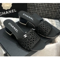 Top Quality Chanel Shiny Braided Goatskin Heel Slide Sandals G37405 Black 2021