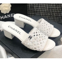 Super Quality Chanel Shiny Braided Goatskin Heel Slide Sandals G37405 White 2021