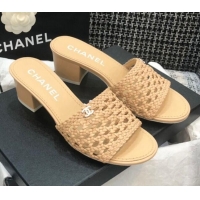 Classic Hot Chanel Shiny Braided Goatskin Heel Slide Sandals G37405 Beige 2021