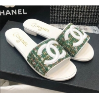 Best Price Chanel CC Tweed Flat Slide Sandals G37156 Green 2021