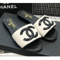 Sumptuous Chanel CC Tweed Flat Slide Sandals G37156 White 2021