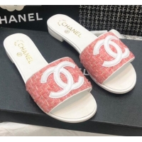 AAAAA Chanel CC Tweed Flat Slide Sandals G37156 Pink 2021