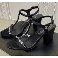 Low Price Chanel Pearl Star Chain Charm Silk Sandals 6cm 042965 Black 2021