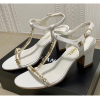 Best Luxury Chanel Pearl Star Chain Charm Silk Sandals 6cm 042965 White 2021