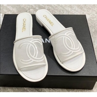 Popular Chanel CC Mesh Flat Slide Sandals White 2021