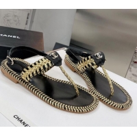 Charming Chanel Braided Flat Thong Sandals 050604 Black 2021