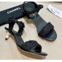 Grade Design Chanel Tweed Pearl Heel Sandals 050610 Black 2021