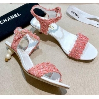 New Style Chanel Tweed Pearl Heel Sandals 050610 Pink 2021