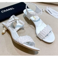 Unique Grade Chanel Tweed Pearl Heel Sandals 050610 White 2021