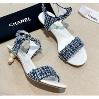 Affordable Price Chanel Tweed Pearl Heel Sandals 050610 Navy Blue 2021