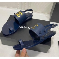 Good Quality Chanel Calfskin Thong Flat Sandals G36885 Navy Blue 2021