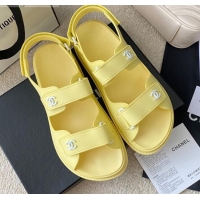 Low Price Chanel Leather Strap Flat Sandals with White CC Charm G35927 Yellow 2021