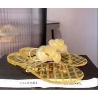 Good Quality Chanel Transparent Flat Thong Sandals with Camellia 051049 Yellow 2021