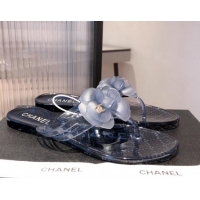 Super Quality Chanel Transparent Flat Thong Sandals with Camellia 051049 Navy Blue 2021