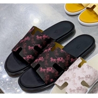 Top Quality Hermes Men's Izmir Printed Leather Flat Slide Sandals 022401 Black/Pink 2021