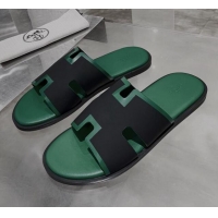 Trendy Design Hermes Men's Izmir Calfskin Flat Slide Sandals 022407 Black/Green 01 2021