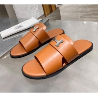 Perfect Hermes Men's Izmir H Calfskin Flat Slide Sandals 022420 Brown