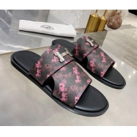 Best Price Hermes Men's Izmir H Print Calfskin Flat Slide Sandals 022429 Black/Pink