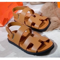 Best Product Hermes Chypre Calfskin Flat Sandals 030874 Brown 2021