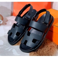 Shop Duplicate Hermes Chypre Calfskin Flat Sandals 030874 Black 2021