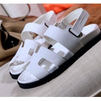 Shop Duplicate Hermes Chypre Calfskin Flat Sandals 030874 White 2021