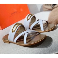 Super Quality Hermes Claire Cross Strap Flat Sandals 030877 White 2021