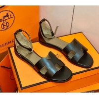 Best Quality Hermes Santorini Sandal in Smooth Swift Calfskin 331081 Black