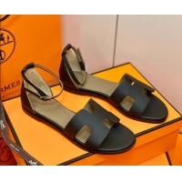 Luxurious Hermes Santorini Sandal in Grainy Epsom Calfskin 331086 Black