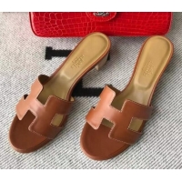 Shop Duplicate Hermes Oasis Sandal in Smooth Metalic Calfskin With 5cm Heel 040284 Brown