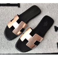 Good Quality Hermes Oran H Flat Slipper Sandals in Smooth Metallic Calfskin 040294 Pink Gold/Black 2021