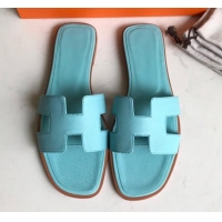 Unique Ladies Hermes Oran H Flat Slipper Sandals in Smooth Metallic Calfskin 040298 Macaron Blue 2021