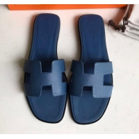 Good Product Hermes Oran H Flat Slipper Sandals in Smooth Metallic Calfskin 040298 Navy Blue 2021