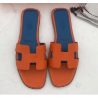 Top Quality Hermes Oran H Flat Slipper Sandals in Smooth Metallic Calfskin 040298 Orange/Blue 2021