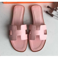 Super Quality Hermes Oran H Flat Slipper Sandals in Smooth Metallic Calfskin 040298 Light Pink 2021