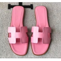 Unique Style Hermes Oran H Flat Slipper Sandals in Smooth Calfskin 040266 Sakura Pink 2021