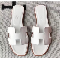 Trendy Design Hermes Oran H Flat Slipper Sandals in Smooth Calfskin 040266 White 2021