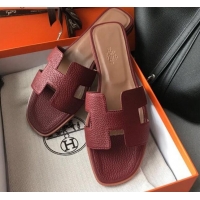 Top Quality Hermes Oran H Flat Slipper Sandals in Togo Grainy Calfskin 040384 Burgundy 2021