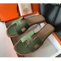 Pretty Style Hermes Oran H Flat Slipper Sandals in Togo Grainy Calfskin 040384 Green 2021